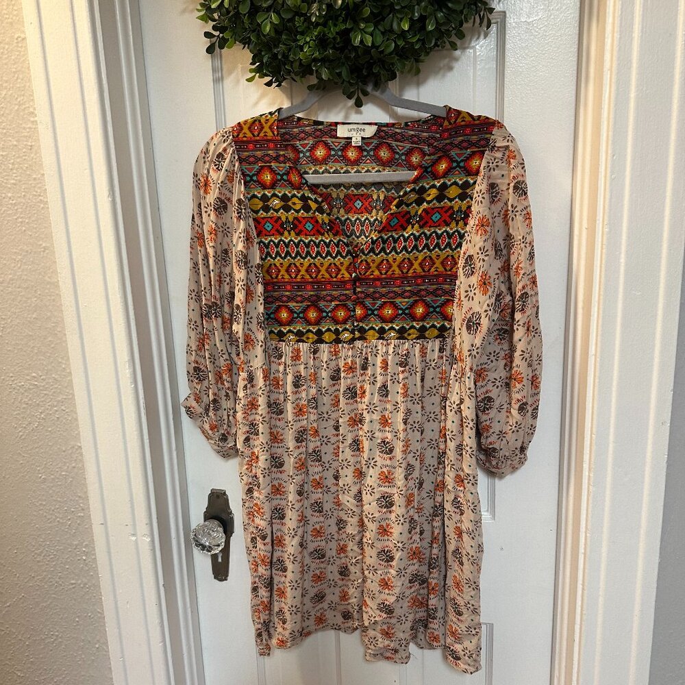 Umgee Cream Boho Tunic with Multicolor Embroidered Yoke